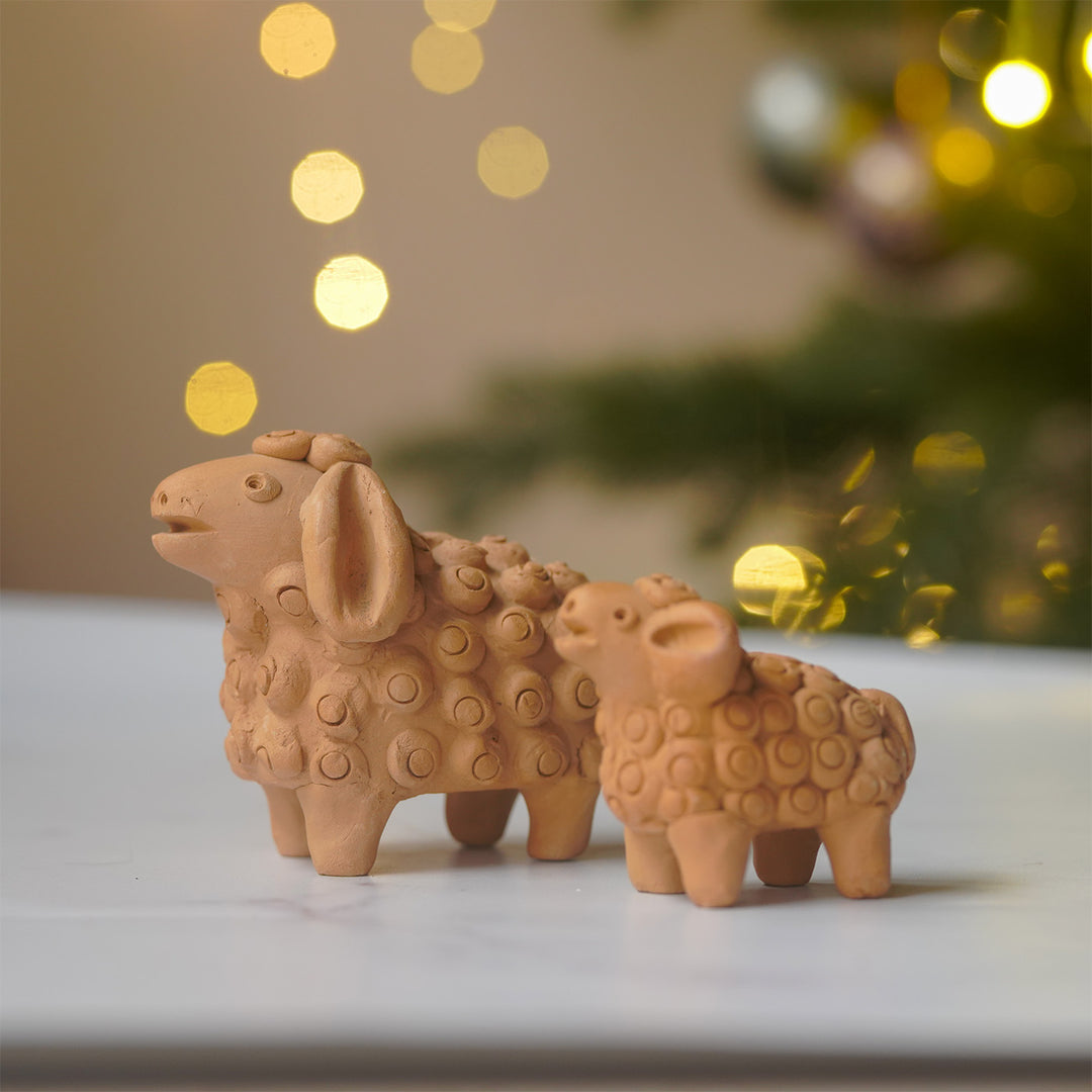4 Pc | Handmade Shepherd & Sheep Terracotta Figurines For Christmas Decoration