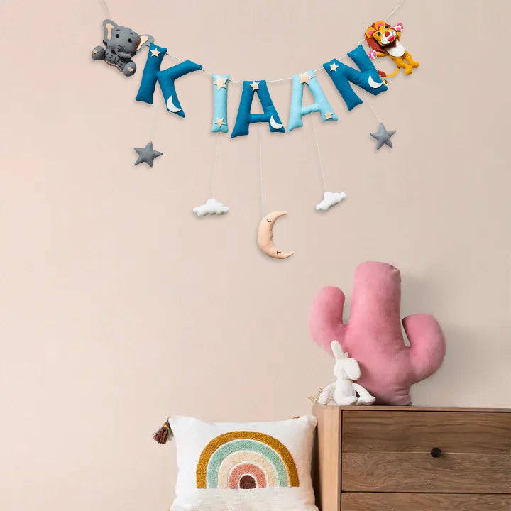 Handcrafted Personalized Ele Lion Themed Bunting For Kids - Front View Hanging on Wall