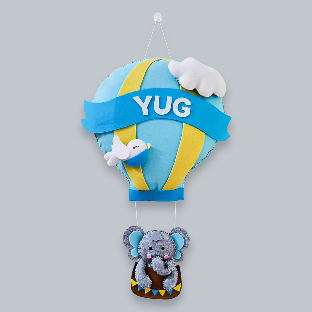 Personalized Elephant And Hot Air Balloon Theme Felt Kids Name Plate - Hanging Hot Air Balloon Decoration Front