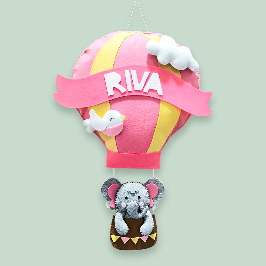 Personalized Elephant And Hot Air Balloon Theme Felt Kids Name Plate - Hanging Front View with Personalization
