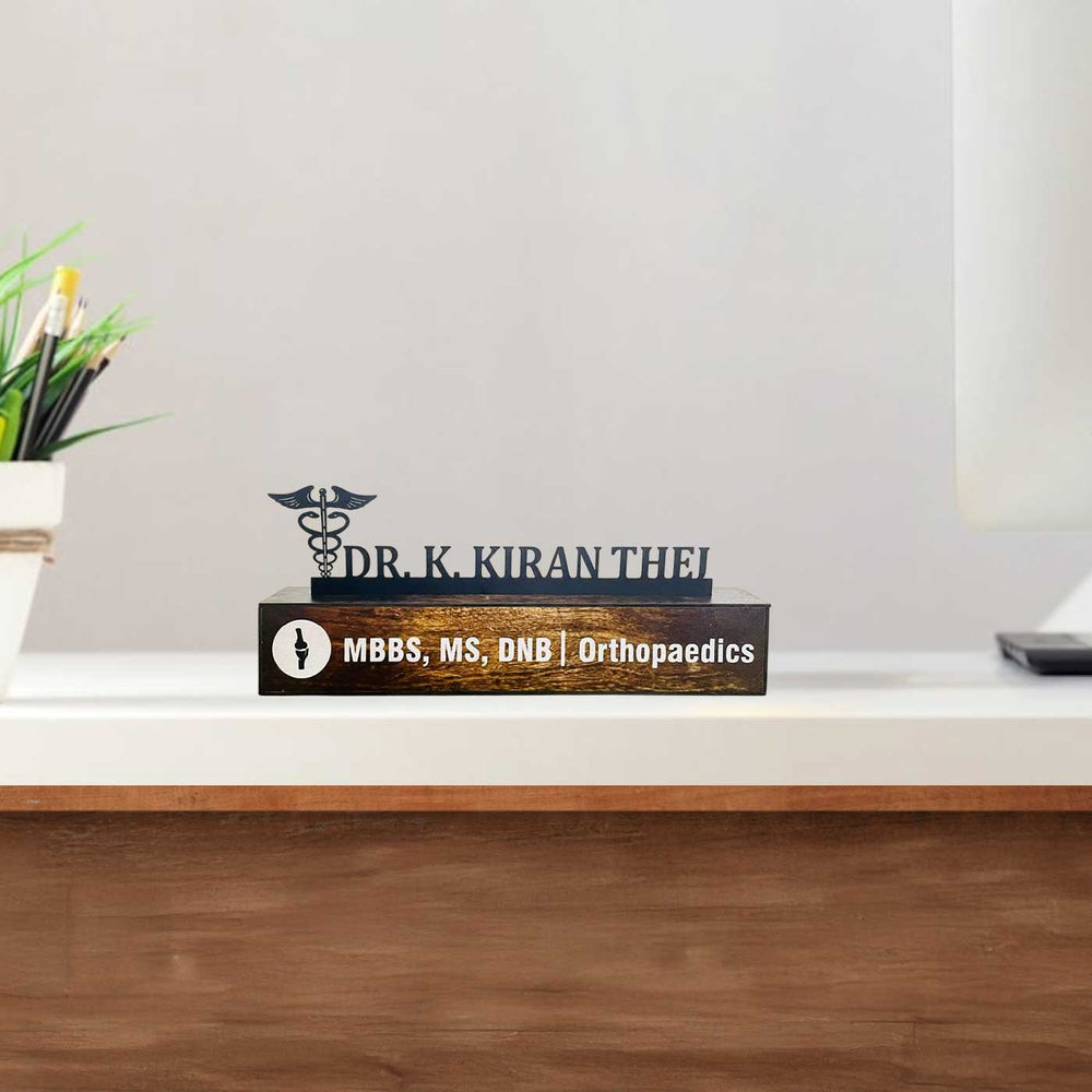 Personalized Waterproof Black Elegant Doctor Metal Name Plate - Front View on Desk Surface