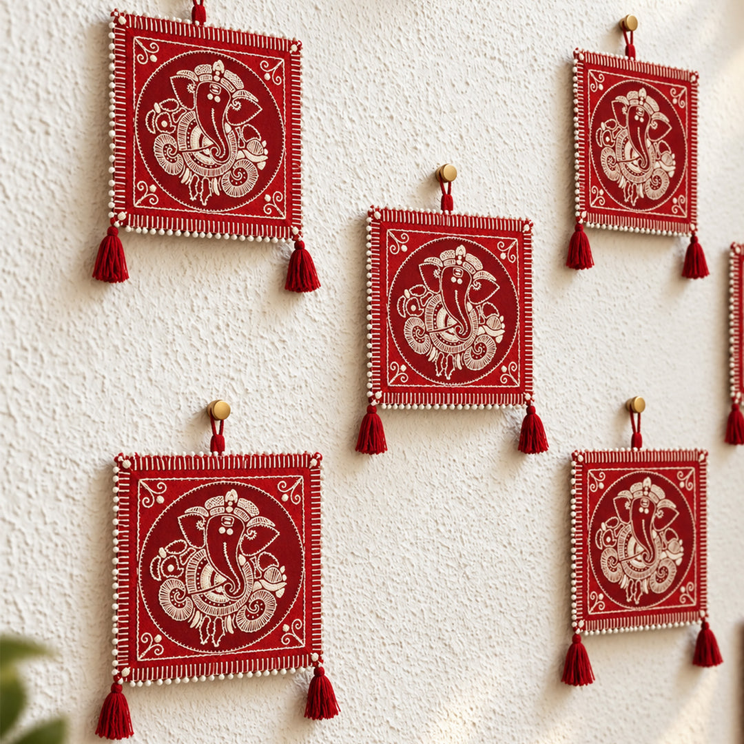 2 Pc | Hand Embroidered Aipan Art Ganapathi Hangings with Glass Beads