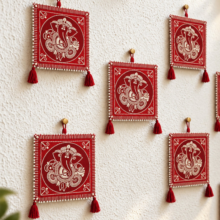 2 Pc | Hand Embroidered Aipan Art Ganapathi Hangings with Glass Beads