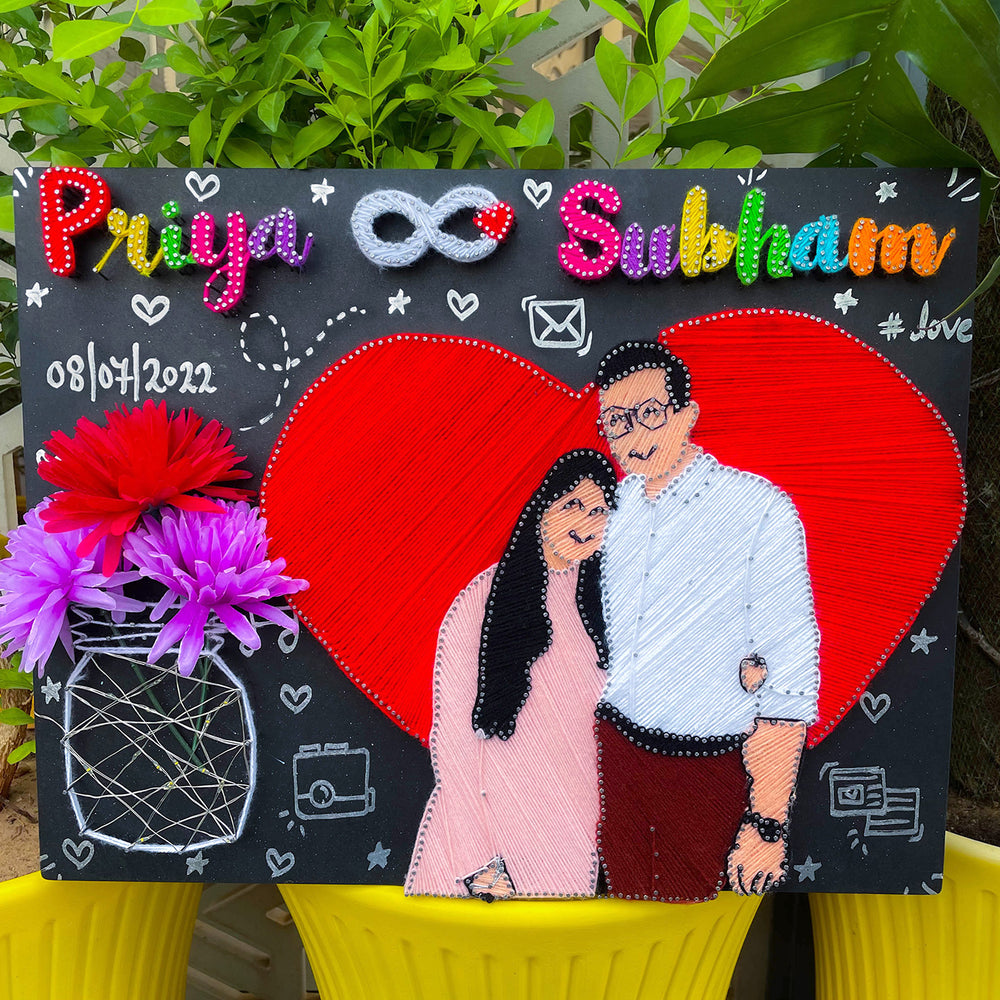 Photo Personalized String Art Entwined Hearts Mdf Wood Name Plate For Couples - Front View with Personalized Names and Date