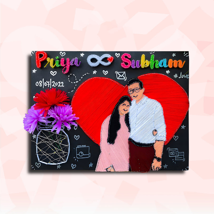 Photo Personalized String Art Entwined Hearts Mdf Wood Name Plate For Couples - Front View with Name Personalization