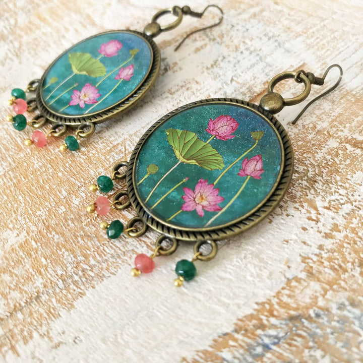 Green Lotus Miniatue Paintaing Pearl Drop Metal Earrings