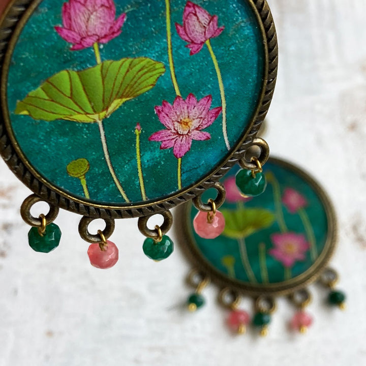 Green Lotus Miniatue Paintaing Pearl Drop Metal Earrings