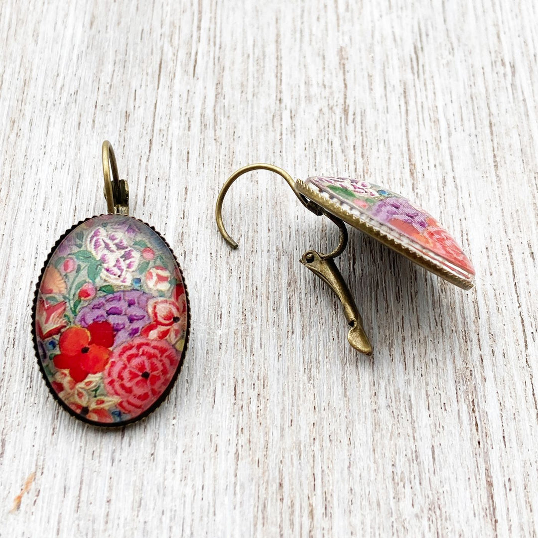 Oval Kashmiri Hazarposh Red Floral Art Metal Earrings
