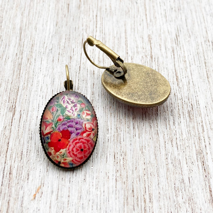 Oval Kashmiri Hazarposh Red Floral Art Metal Earrings