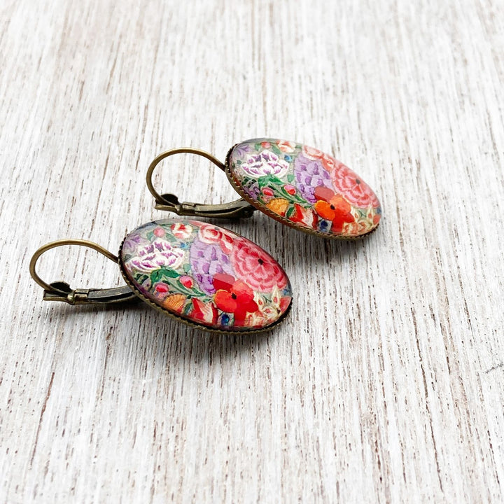 Oval Kashmiri Hazarposh Red Floral Art Metal Earrings