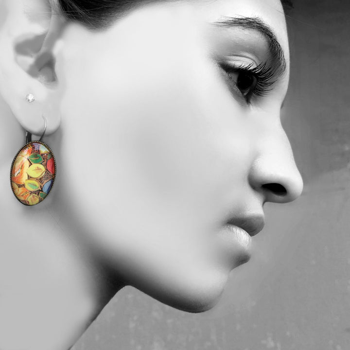 Oval Kashmiri Hazarposh Colorful Leaf Art Metal Earrings