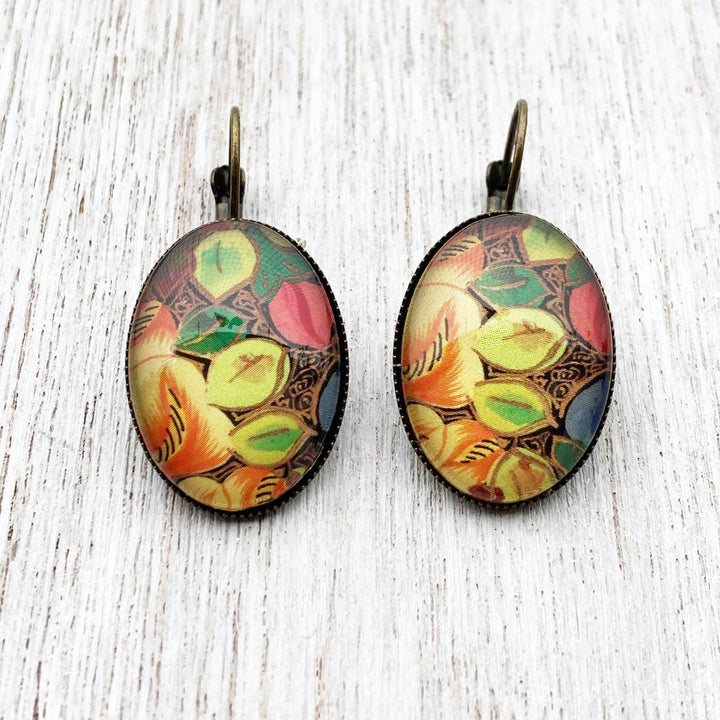 Oval Kashmiri Hazarposh Colorful Leaf Art Metal Earrings
