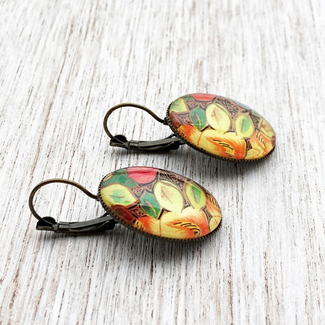 Oval Kashmiri Hazarposh Colorful Leaf Art Metal Earrings