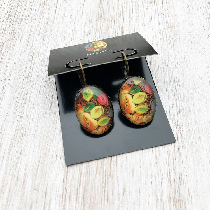 Oval Kashmiri Hazarposh Colorful Leaf Art Metal Earrings