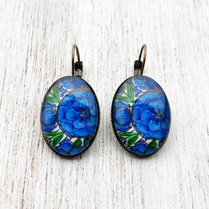 Oval Kashmiri Flower Within Flower Design Metal Earrings