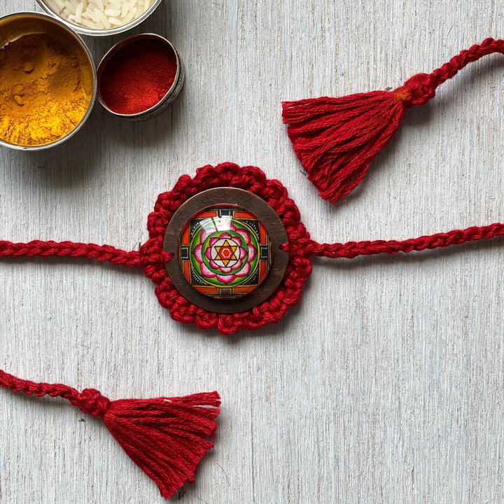 Handcrafted Crochet Folk Art Rakhi Hamper For Young Adults With Rice Roli Haldi 2 - Rakhi Red Crochet Detail