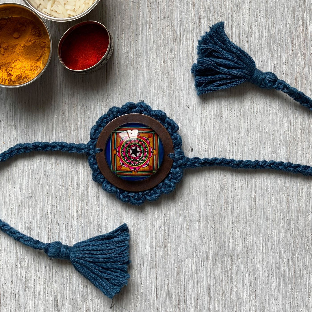 Handcrafted Crochet Folk Art Rakhi Hamper For Young Adults With Rice Roli Haldi 2 - Rakhi Teal Crochet Detail