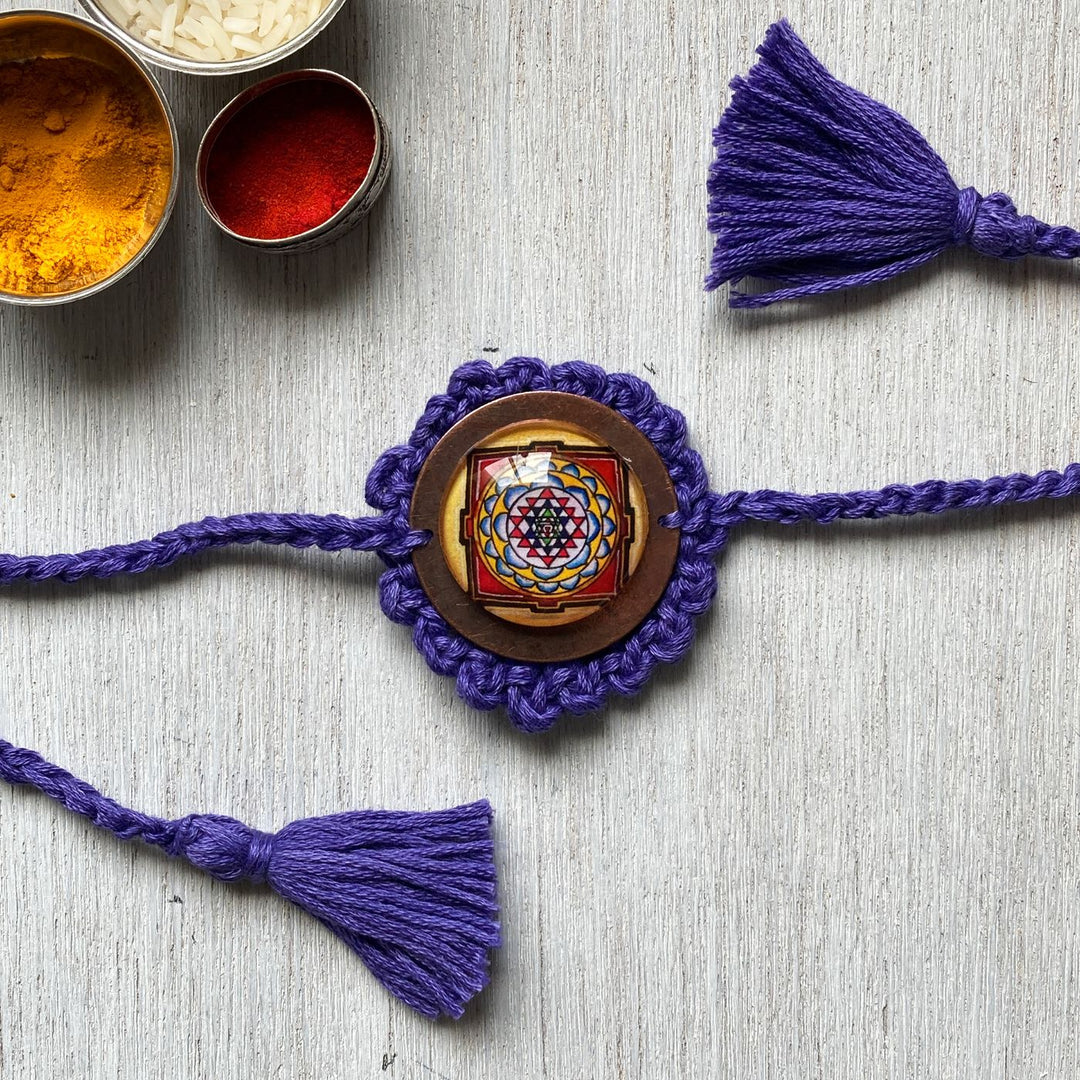 Handcrafted Crochet Folk Art Rakhi Hamper For Young Adults With Rice Roli Haldi 2 - Rakhi Purple Crochet Detail