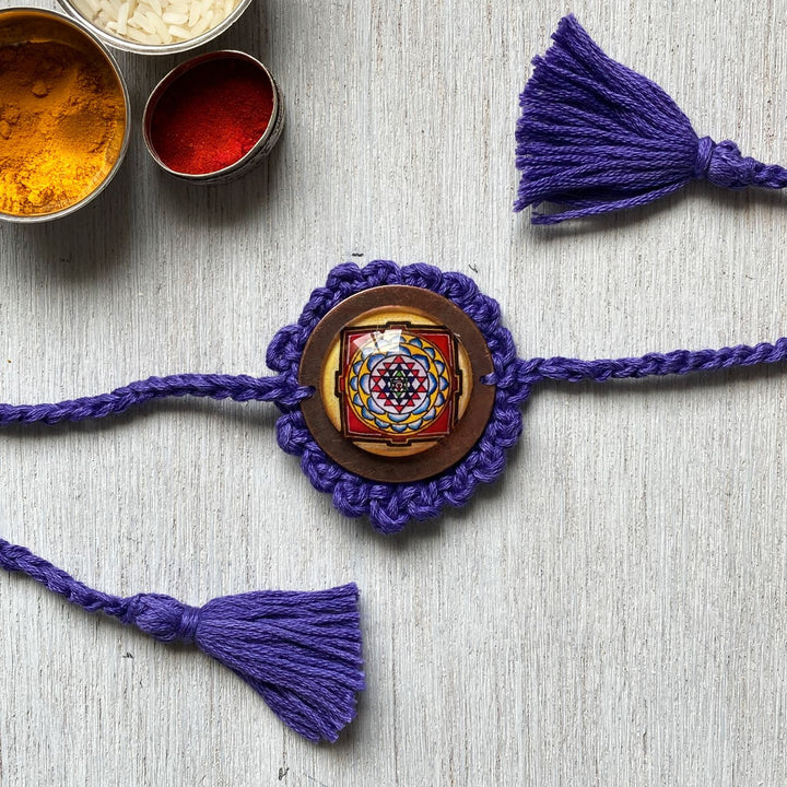 Handcrafted Crochet Folk Art Rakhi Hamper For Young Adults With Rice Roli Haldi 2 - Rakhi Purple Crochet Detail