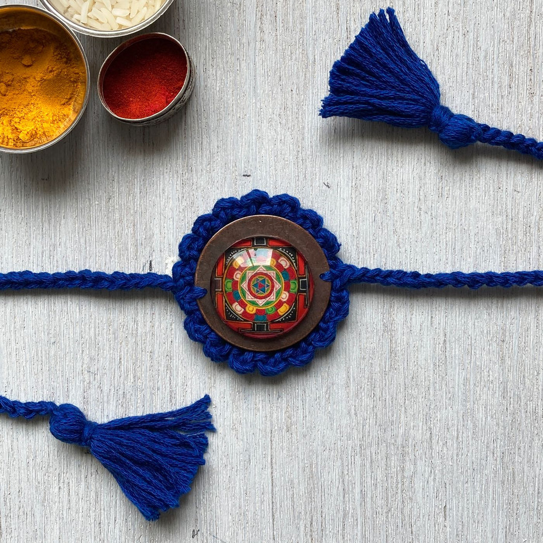 Handcrafted Crochet Folk Art Rakhi Hamper For Young Adults With Rice Roli Haldi 2 - Rakhi Blue Crochet Detail