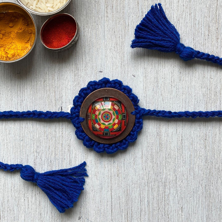 Handcrafted Crochet Folk Art Rakhi Hamper For Young Adults With Rice Roli Haldi 2 - Rakhi Blue Crochet Detail