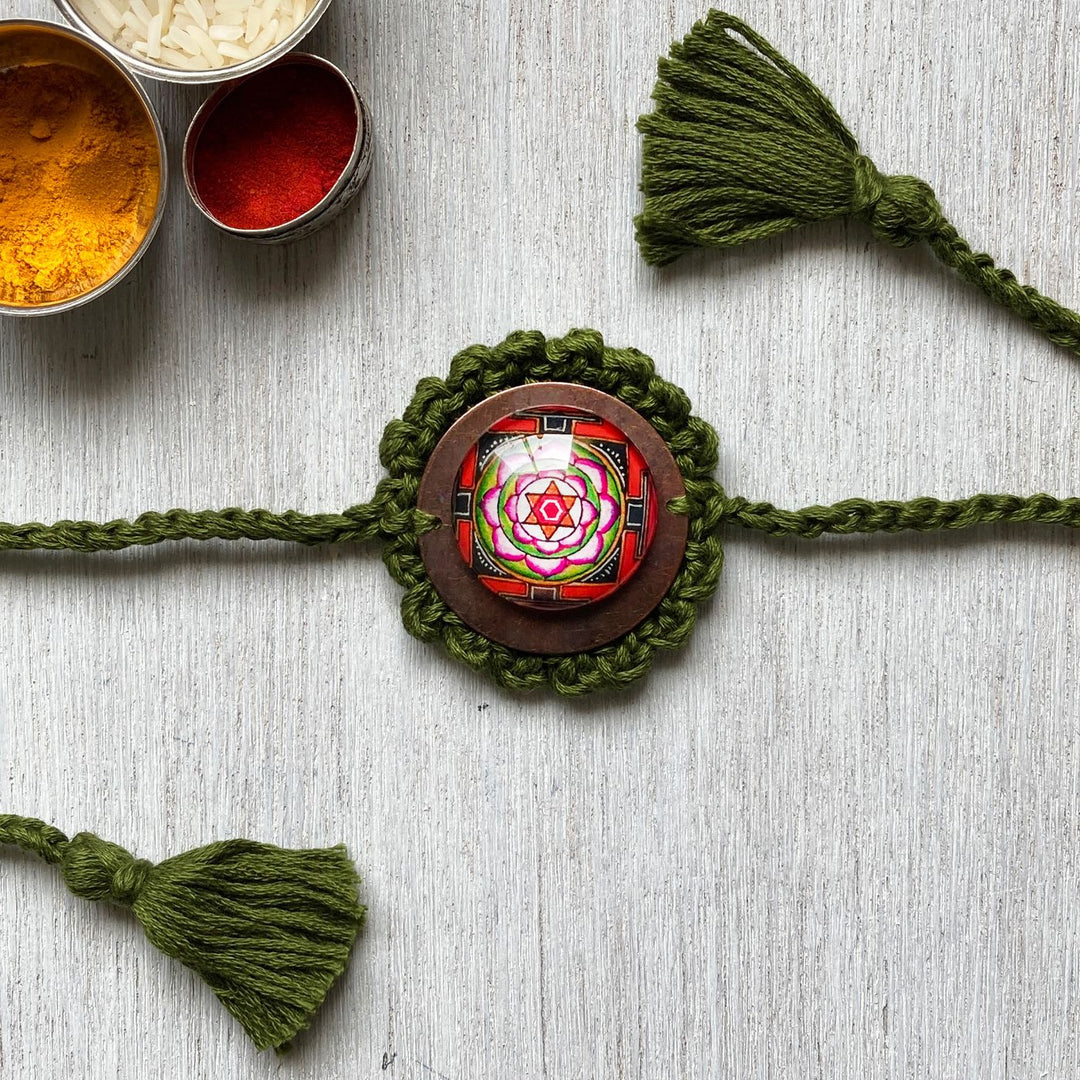 Handcrafted Crochet Folk Art Rakhi Hamper For Young Adults With Rice Roli Haldi 2 - Rakhi Green Crochet Detail