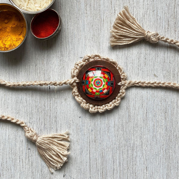 Handcrafted Crochet Folk Art Rakhi Hamper For Young Adults With Rice Roli Haldi 2 - Rakhi Beige Crochet Detail