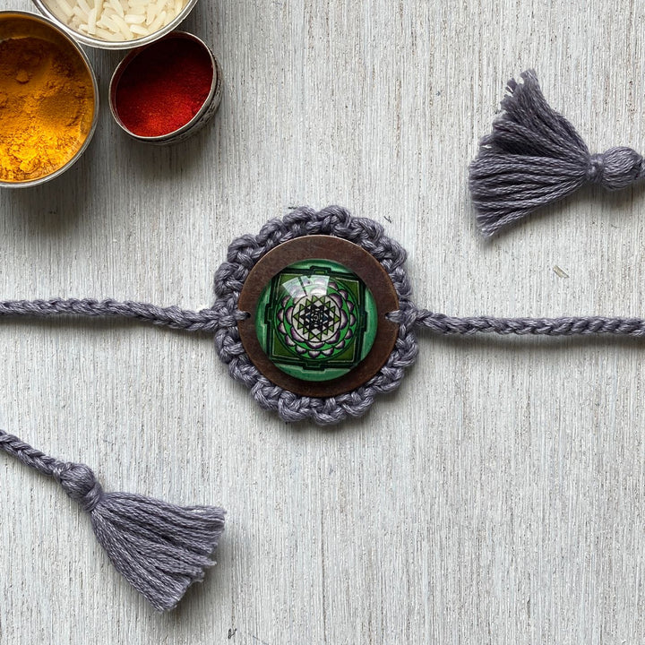 Handcrafted Crochet Folk Art Rakhi Hamper For Young Adults With Rice Roli Haldi 2 - Rakhi Gray Crochet Detail