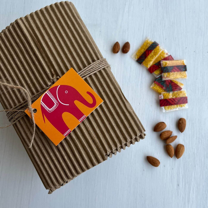 Handcrafted Folk Art Rakhi Hamper For Kids With Rice Roli Haldi 1 - Gift Box With Card and Ingredients