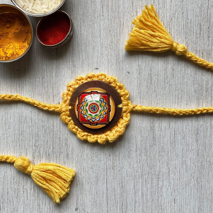 Handcrafted Crochet Folk Art Rakhi Hamper For Young Adults With Rice Roli Haldi 2 - Close-up of Rakhi Detail