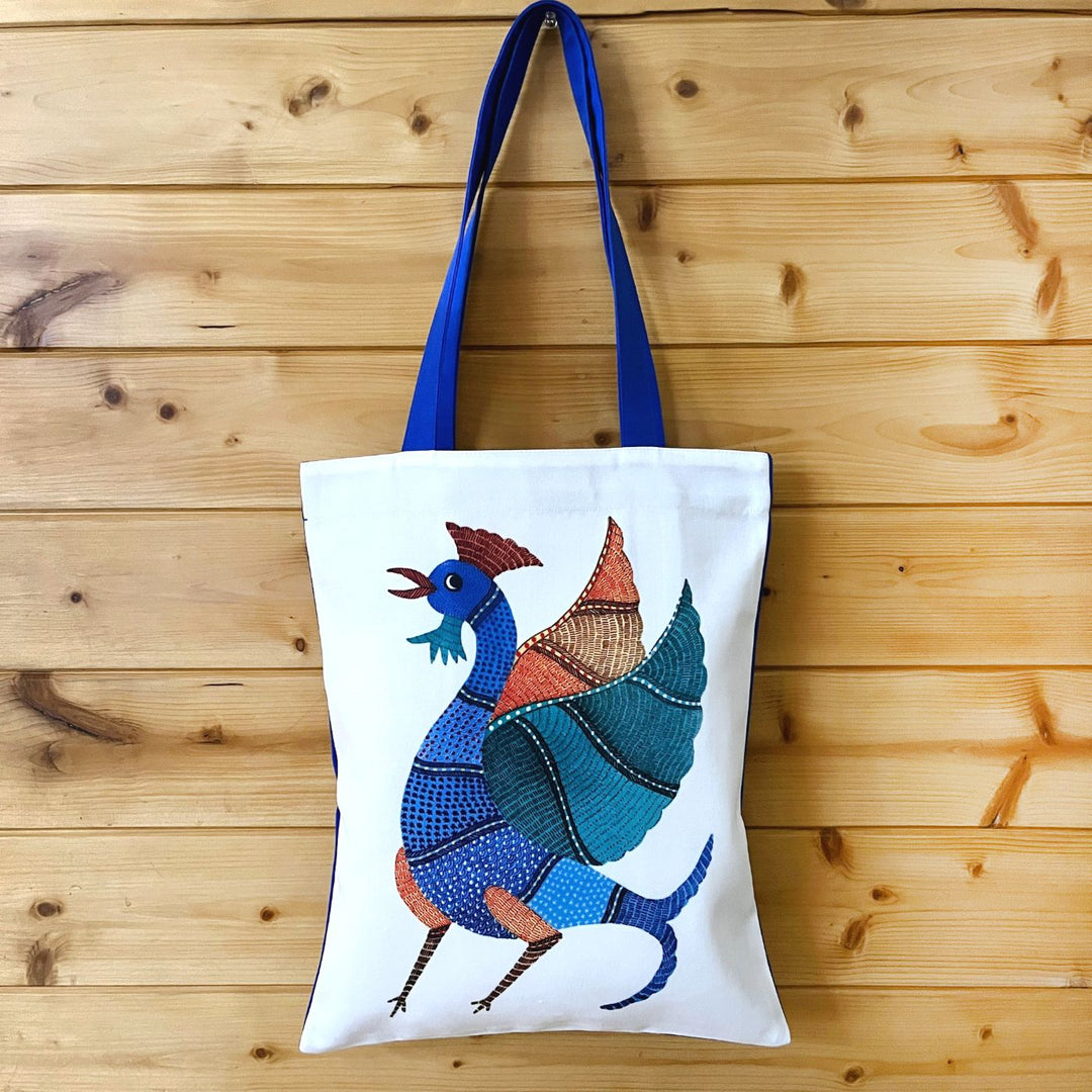 Hand-Painted Gond Art Roaster Design Canvas Tote Bag