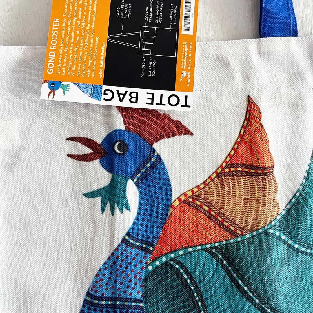 Hand-Painted Gond Art Roaster Design Canvas Tote Bag