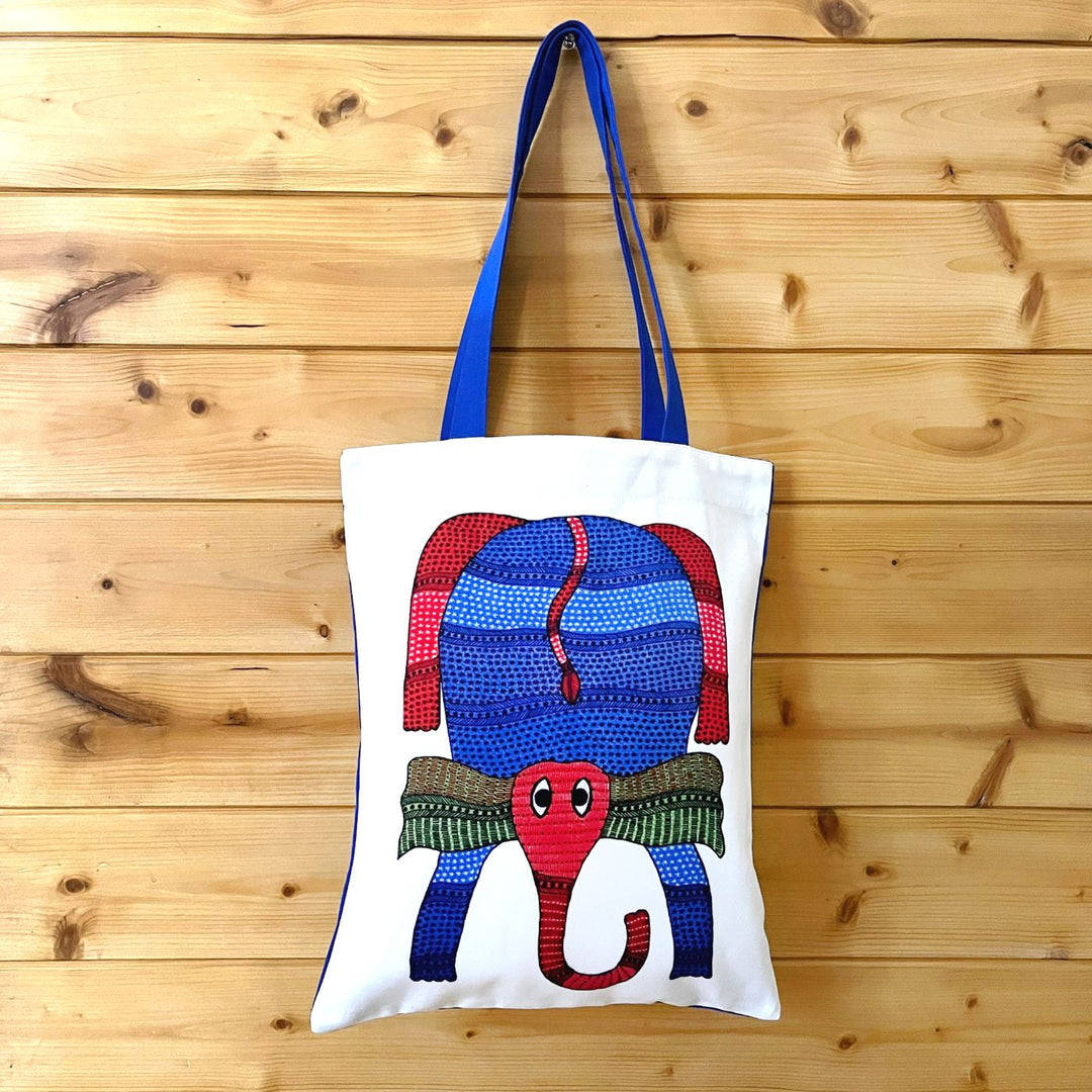 Hand-Painted Gond Art Elephant Design Canvas Tote Bag