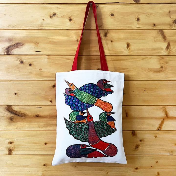 Hand-Painted Gond Art Bird Design Canvas Tote Bag