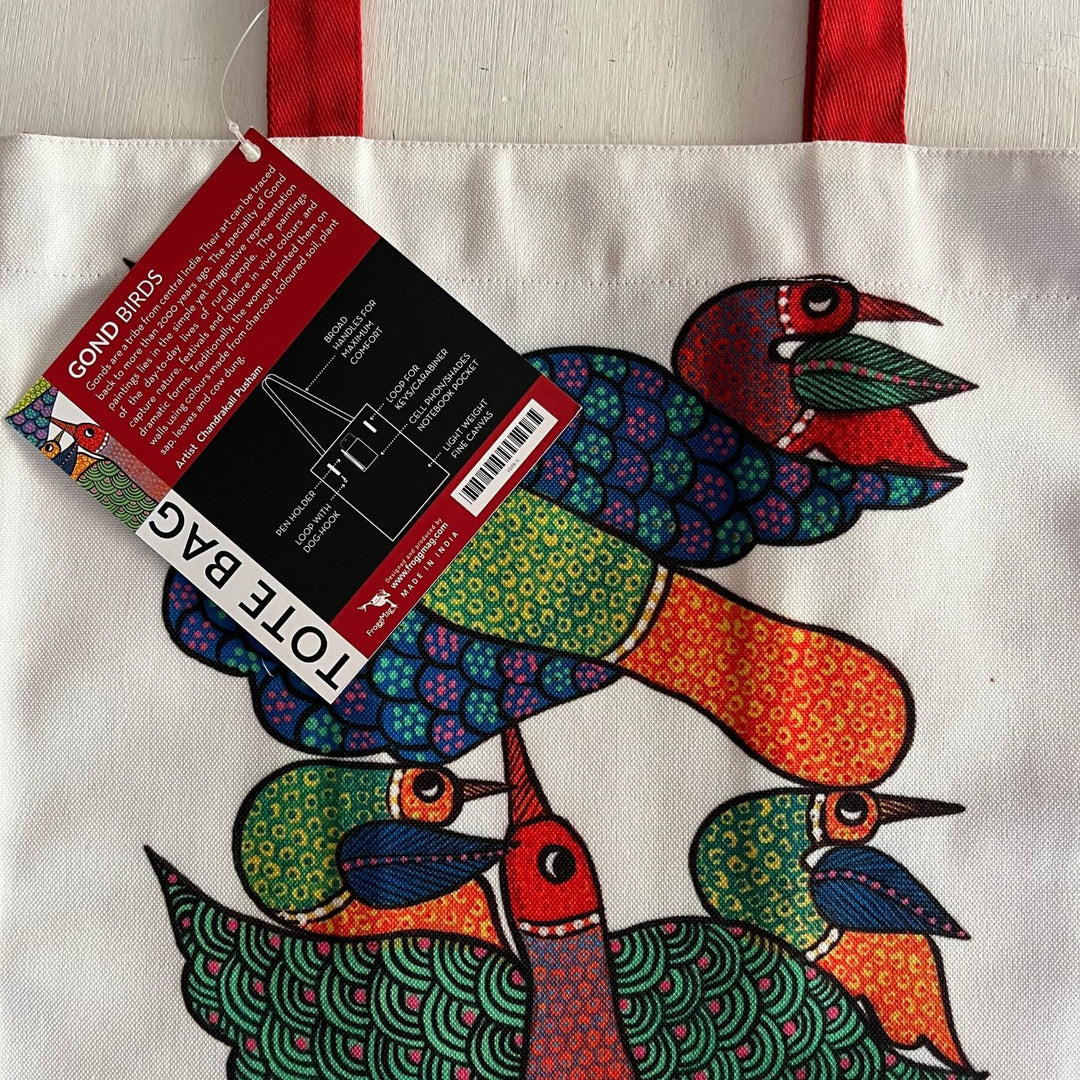 Hand-Painted Gond Art Bird Design Canvas Tote Bag