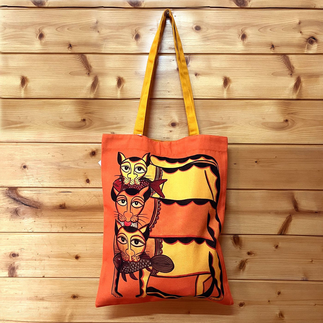 Hand-Painted Kalighat Cats Design Canvas Tote Bag