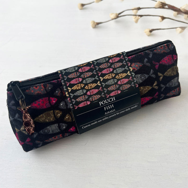 Hand-Painted Ajrakh Fish Design Canvas Pouch
