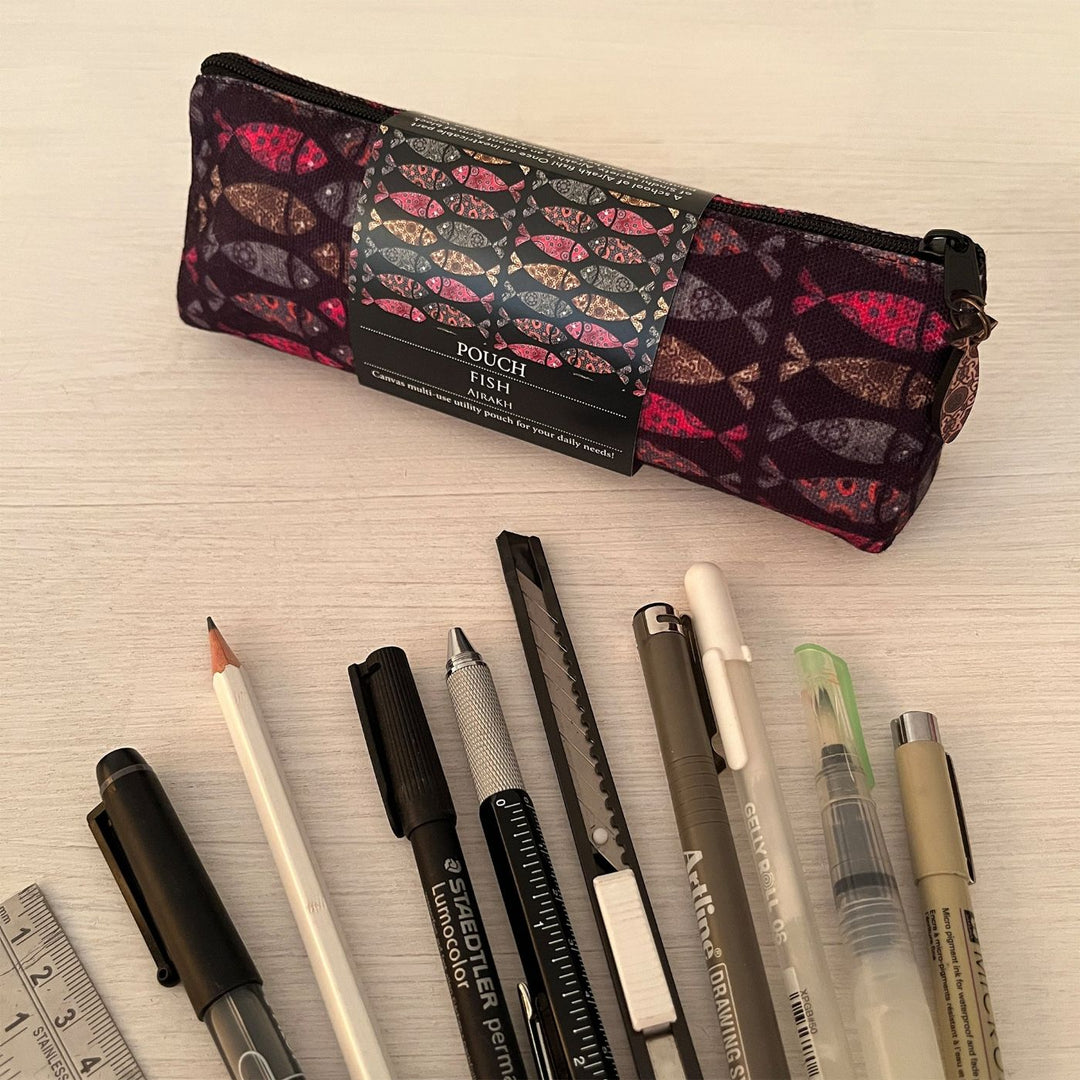 Hand-Painted Ajrakh Fish Design Canvas Pouch