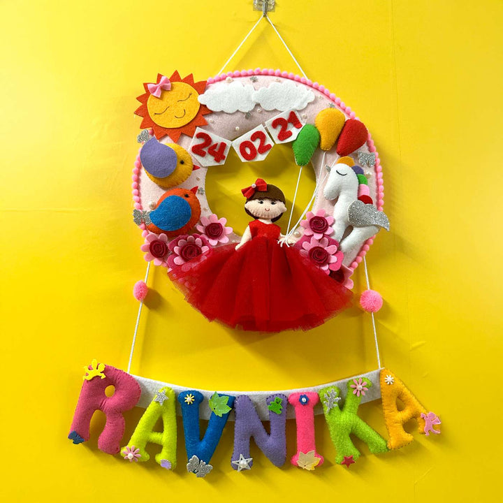 Personalized Handmade Round Unicorn Theme Felt Kids Name Plate For Girls