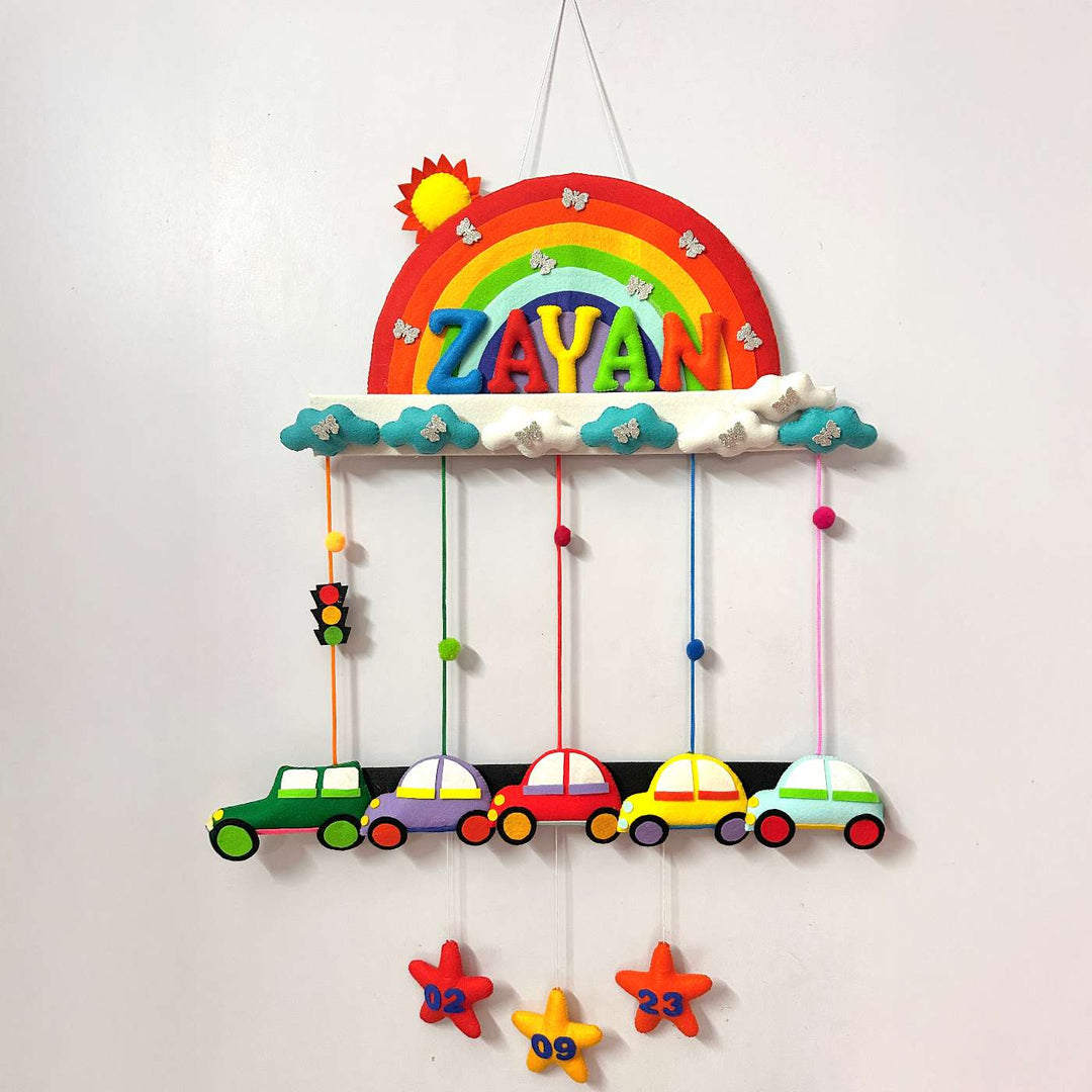 Personalized Handmade Rainbow & Cars Theme Felt Kids Name Plate With Date of Birth