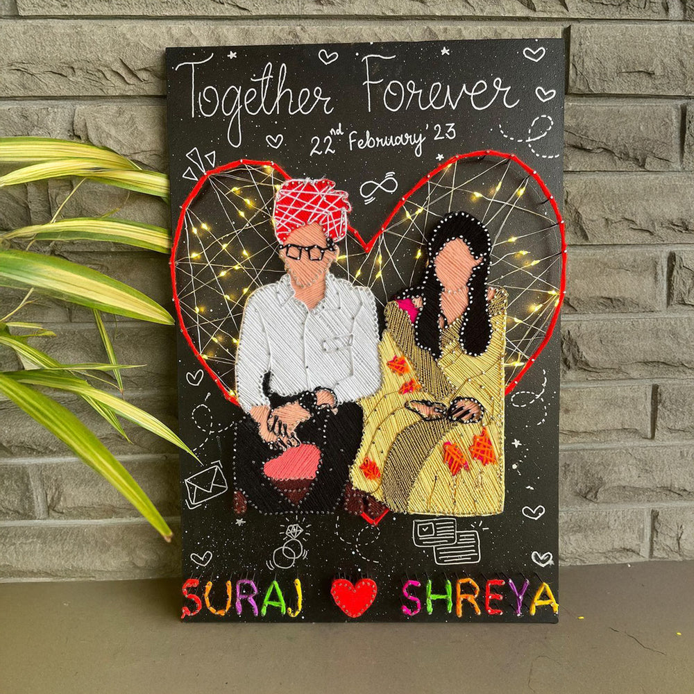 Photo Personalized String Art Faceless Union Mdf Wood Name Plate For Couples - Front View Showing Personalized Artwork