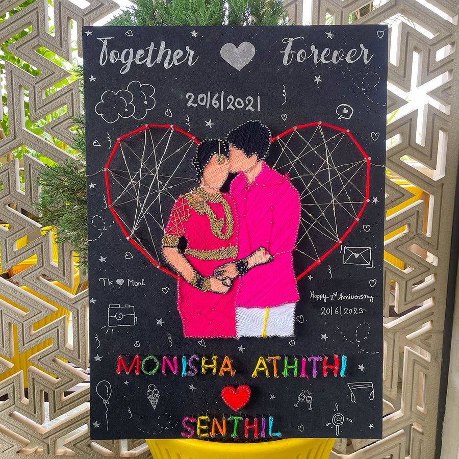 Photo Personalized String Art Faceless Union Mdf Wood Name Plate For Couples - Frontal View with Personalized Text
