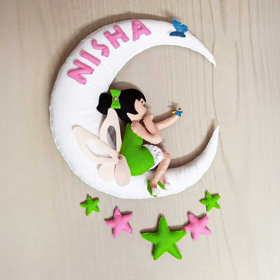 Personalized Fairy On Moon Felt Kids Name Plate - Front View with Name Personalization