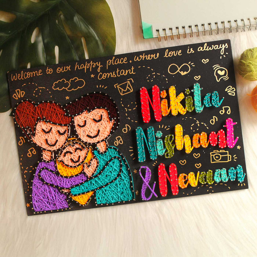 Personalized String Art Family Mdf Wood Name Plate - Top Angled View Showing Details