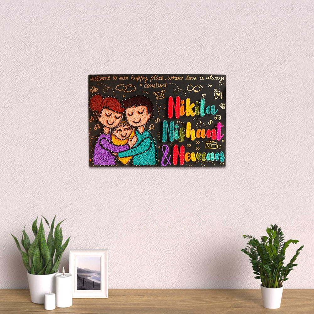 Personalized String Art Family Mdf Wood Name Plate - Mounted on Textured Wall