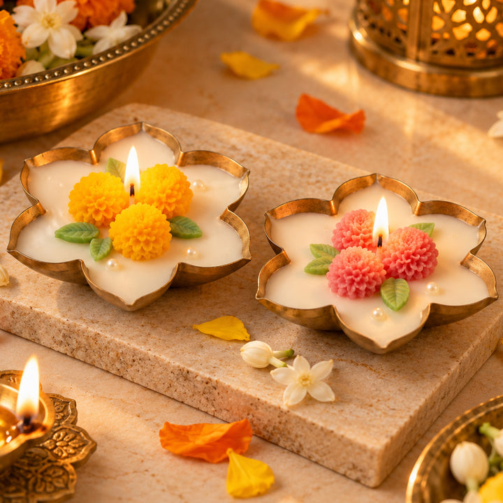2 pc | Handmade Phool Marigold Design Metal Urli Soy Wax Scented Candle For Festive Decor