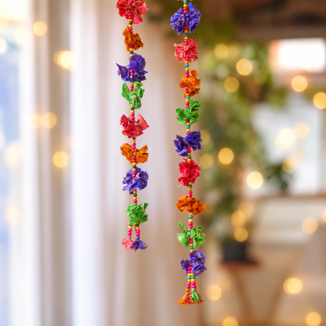 2 Pc |  Upcycled Multicolour Chindi Fabric Phool Door Hangings With Wooden Beads