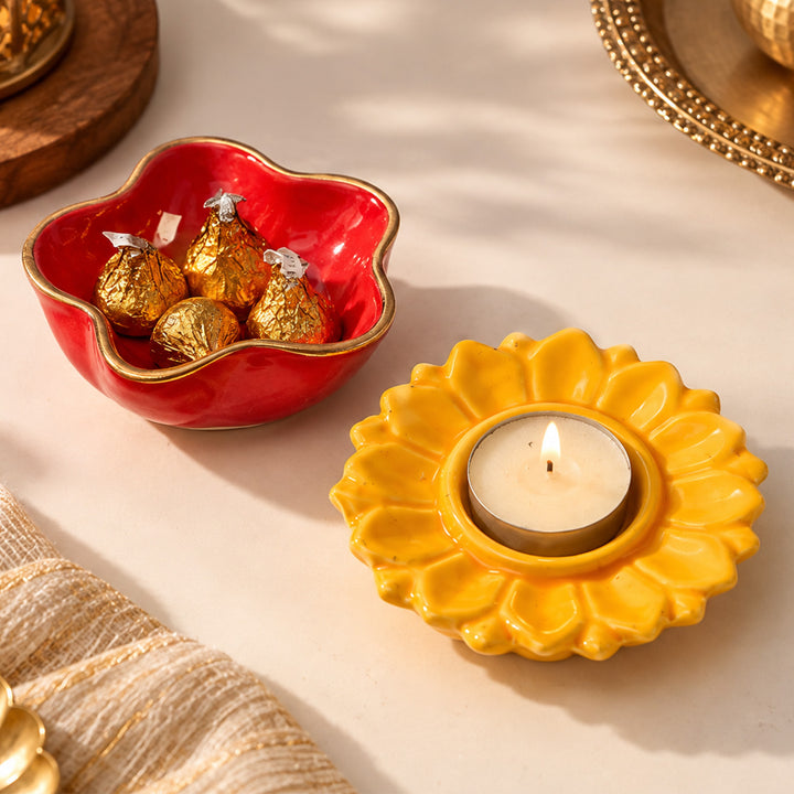 Handcrafted Ceramic Utsav Sparkle Diwali Gift Hamper With Tealight Holder, Trinket Bowl And Chocolates