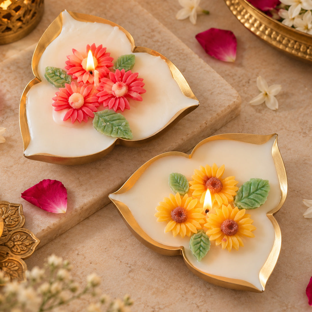 2 pc | Handmade Tri-Deep Mini Daisy & Sunflower Design Metal Urli Soy Wax Scented Candle For Festive Decor