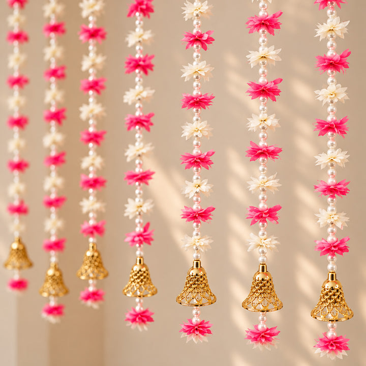 2 Pc | Handmade White & Pink Mogra Flower Pearl Hangings With Bells